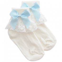 Girls Ivory Lace Socks with Baby Blue Satin Bows